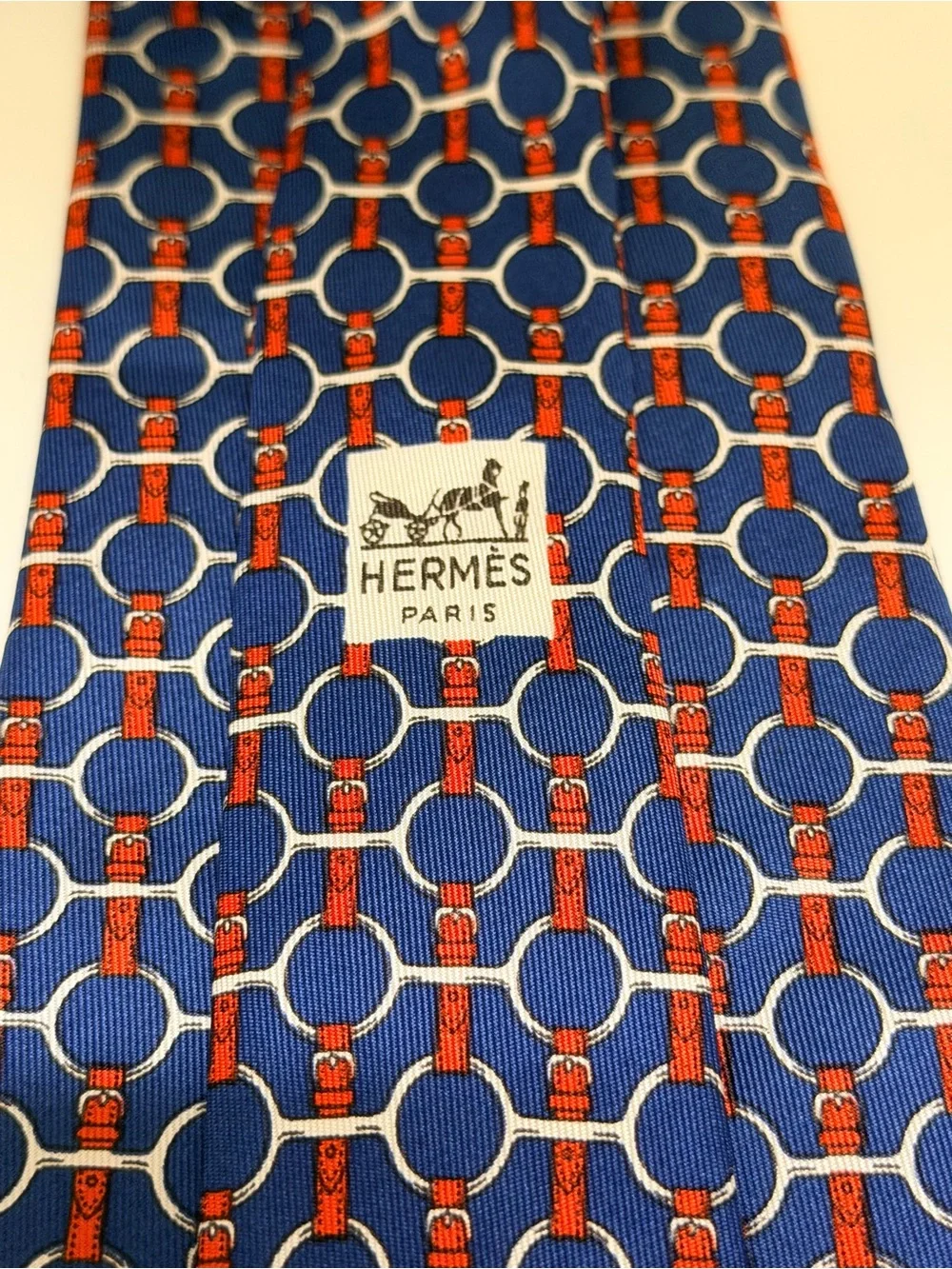 Hermes Men's Tie Honeycomb Bridle Clover Chain Navy/Red Designer 627 TA